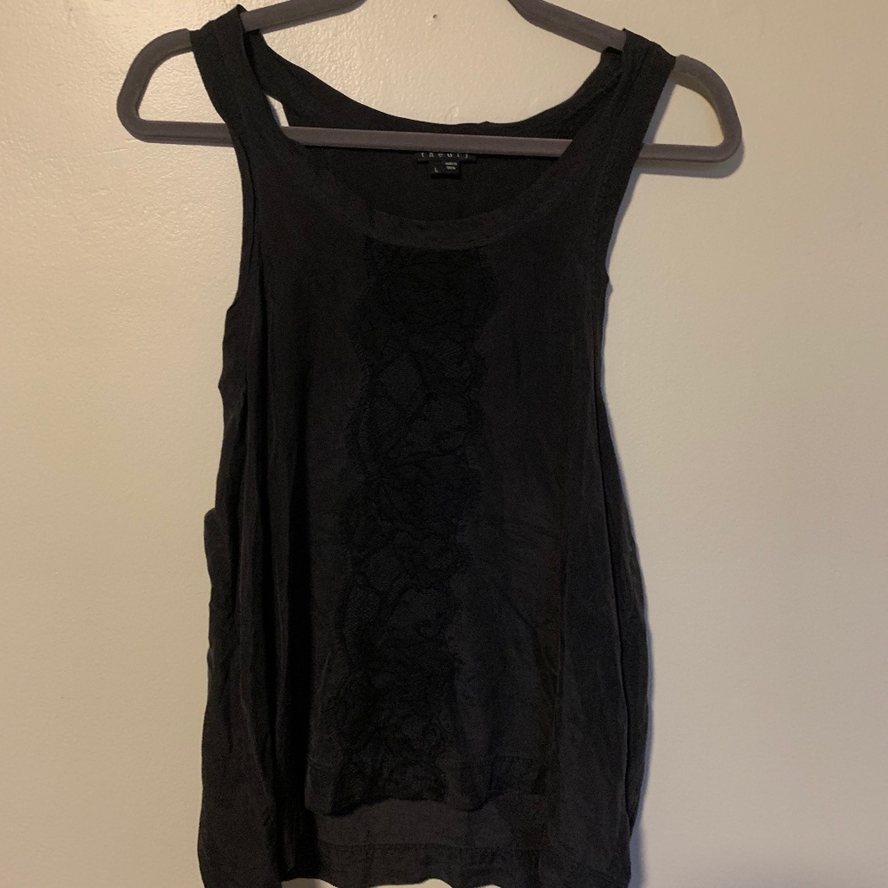 Black silk flowy tank top from Theory with lace detail
